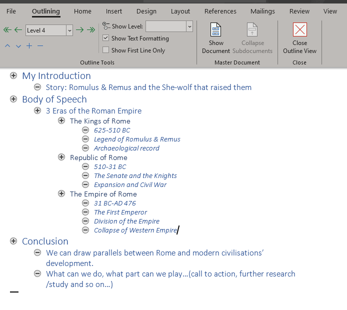 Using MS Word Outline view for a speech outline.